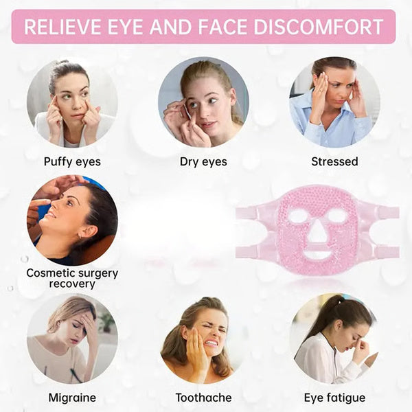 Full Face Massage Ice Compress Mask with Flexible Gel Beads, Adjustable Velcro and Soft Plush Fabric for Eye and Face