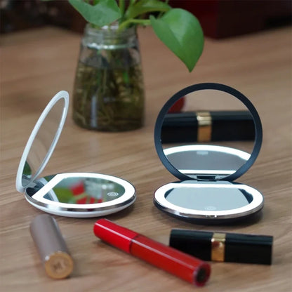 Portable LED Makeup Mirror Handheld Pocket Compact, Dual Sided Mirror with 5x Magnification, USB Rechargeable